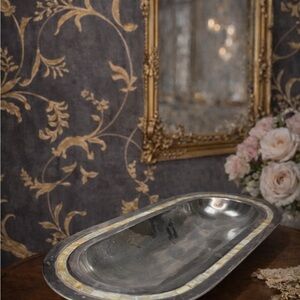 Heavy Oval Metal Tray w/ Mother of Pearl Inlay Estate Find
